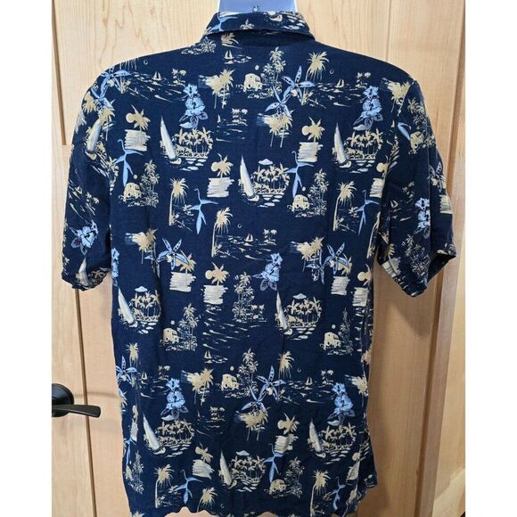 Tropical Paradise Gold Hawaiian Mens Shirt Large Navy & Yellow - Picture 3 of 6